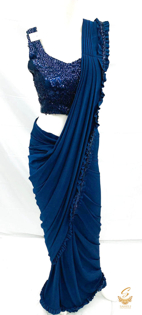 Size 36(upto 38) Designer sequin Nevi Blue Blouse with readymade saree