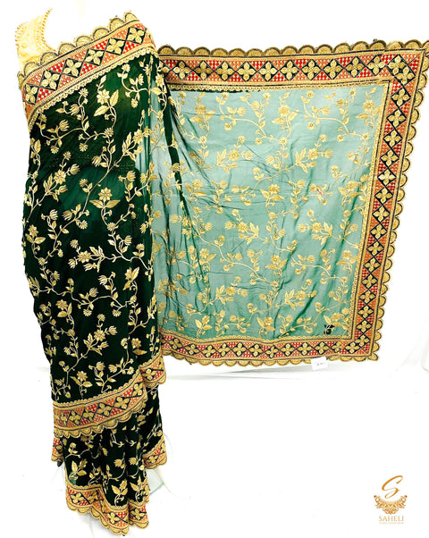 Dark bottle green colour pure georgette heavy all over embroidery zari work beautiful designer saree