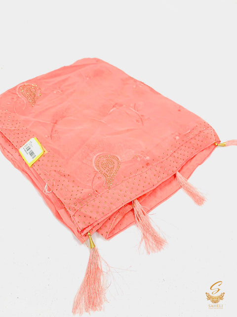 Blush Pink Colour Pure Shimmery Georgette Based Stone Work With Leaf Resham Embroidery Work Beautiful Soft Saree