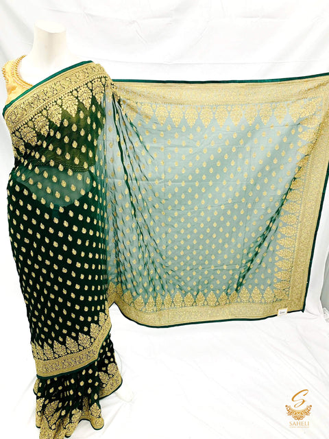 Dark Kai Green colour pure georgette heavy all over embroidery zari work beautiful designer saree