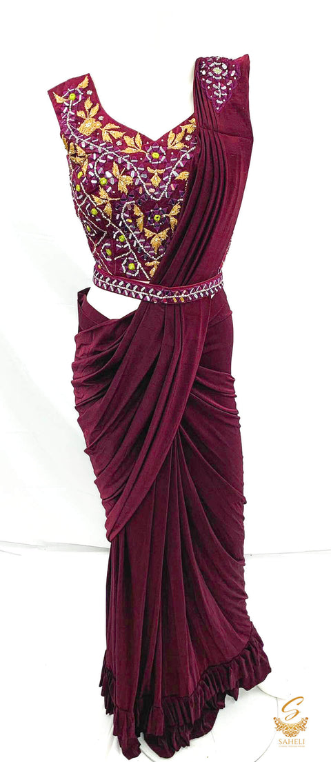 Size 38 (upto 42) Deep Plum colour designer heavy embroidery work & mirror work blouse with readymade saree & waist belt