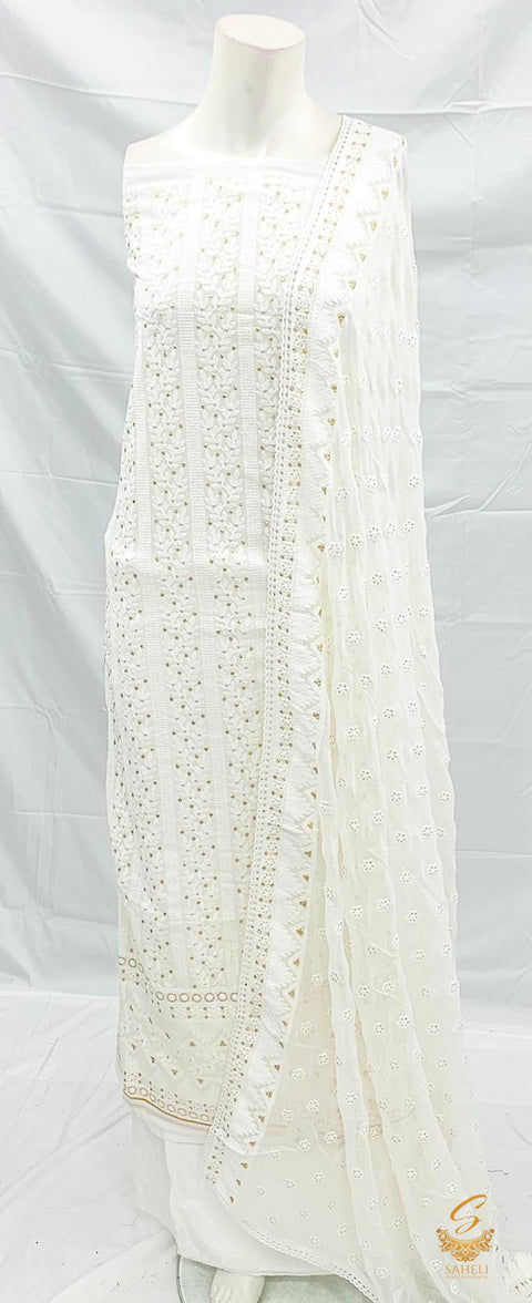 White colour pure & Original chiffon based heavy lakhnavi work kameez and lakhnavi work pure chiffon dupatta with orginal malmal rayon bottom fabric