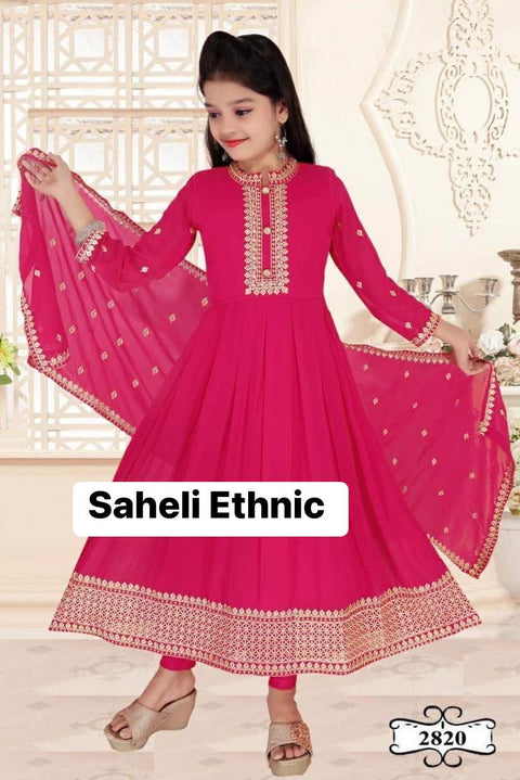 Dark Rose Pink Colour georgette based heavy handwork kids kameez