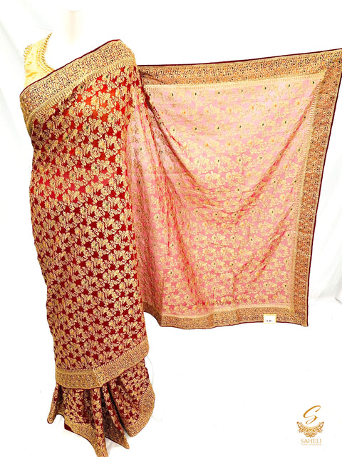 Deep Burgundy colour pure georgette heavy all over embroidery zari work beautiful designer saree