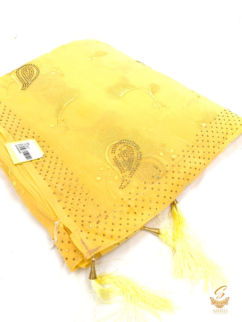 Mango Yellow Colour Pure Shimmery Georgette Based Stone Work With Leaf Resham Embroidery Work Beautiful Soft Saree