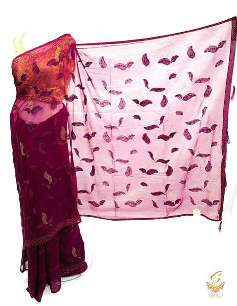 Deep Plum colour pure shimmery georgette based stone work with leaf resham embroidery work beautiful soft saree