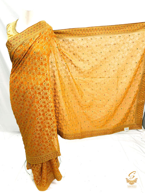 Deep Mustard colour pure georgette heavy all over embroidery zari work beautiful designer saree