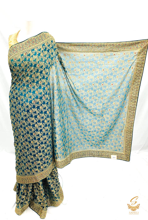 Peacock Blue colour pure georgette heavy all over embroidery zari work beautiful designer saree