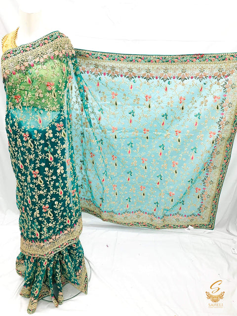 Green colour heavy stone work & embroidery jaal work beautiful netting designer saree