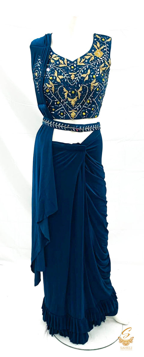 Size 38 (upto 42) Peacock blue colour designer heavy embroidery work & mirror work blouse with readymade saree & waist belt