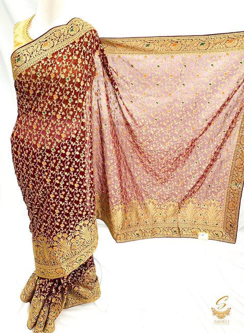 Dark Chocolate colour pure georgette heavy all over embroidery zari work beautiful designer saree