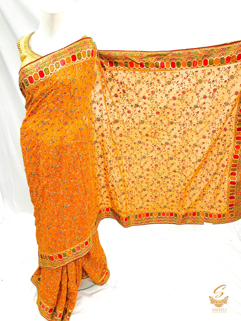 Deep mustard colour pure georgette heavy all over embroidery zari work beautiful designer saree