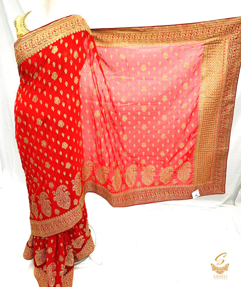 Dark red colour pure georgette heavy all over embroidery zari work beautiful designer saree