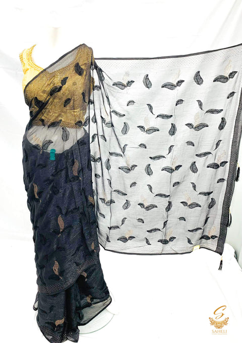 Black colour pure shimmery georgette based stone work with leaf resham embroidery work beautiful soft saree