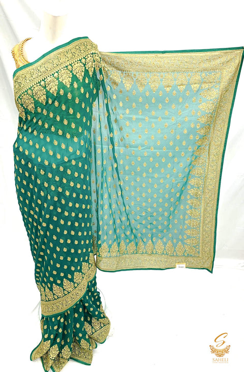 Dark bottle green colour pure georgette heavy all over embroidery zari work beautiful designer saree