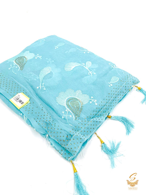 Baby Blue Colour Pure Shimmery Georgette Based Stone Work With Leaf Resham Embroidery Work Beautiful Soft Saree