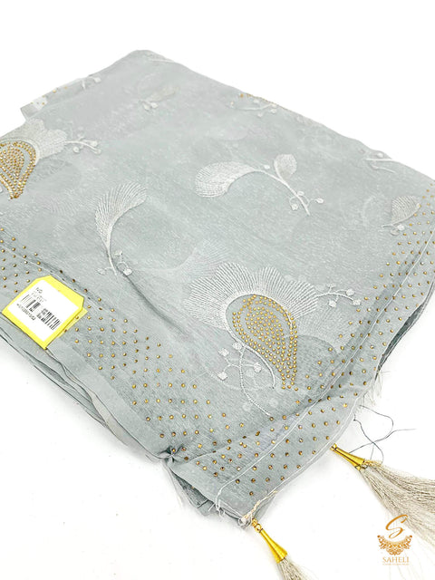 Grey Colour Pure Shimmery Georgette Based Stone Work With Leaf Resham Embroidery Work Beautiful Soft Saree
