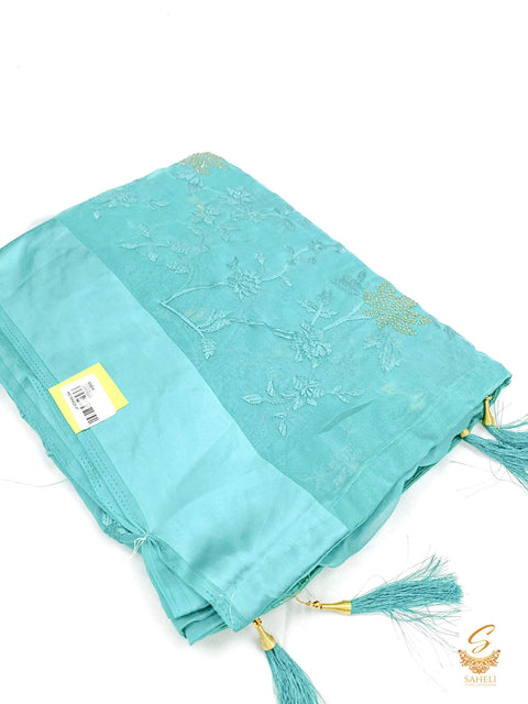 SEa Blue Colour Pure georgette Based Stone Work With Resham Embroidery Work Beautiful Soft Saree