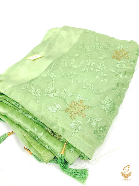 Lime green Colour Pure georgette Based Stone Work With Resham Embroidery Work Beautiful Soft Saree