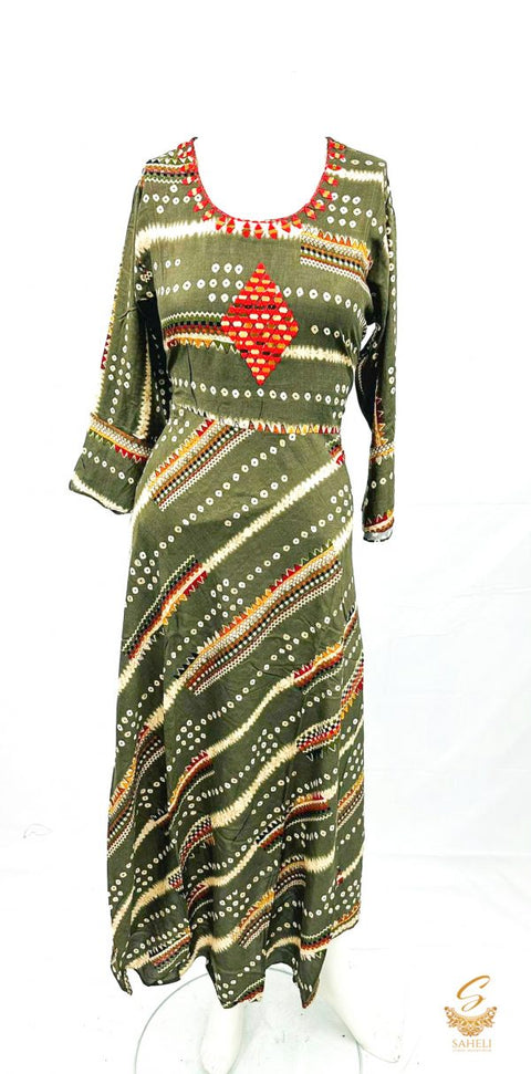 pure rayon based very soft bandhani flared kurti with mirror work design on neck