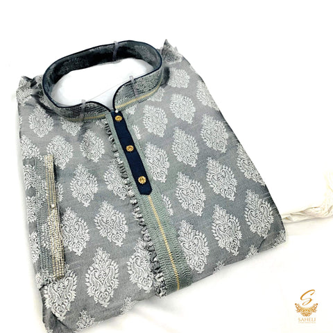 Grey colour brocade silk design designer kurta with pajama pents