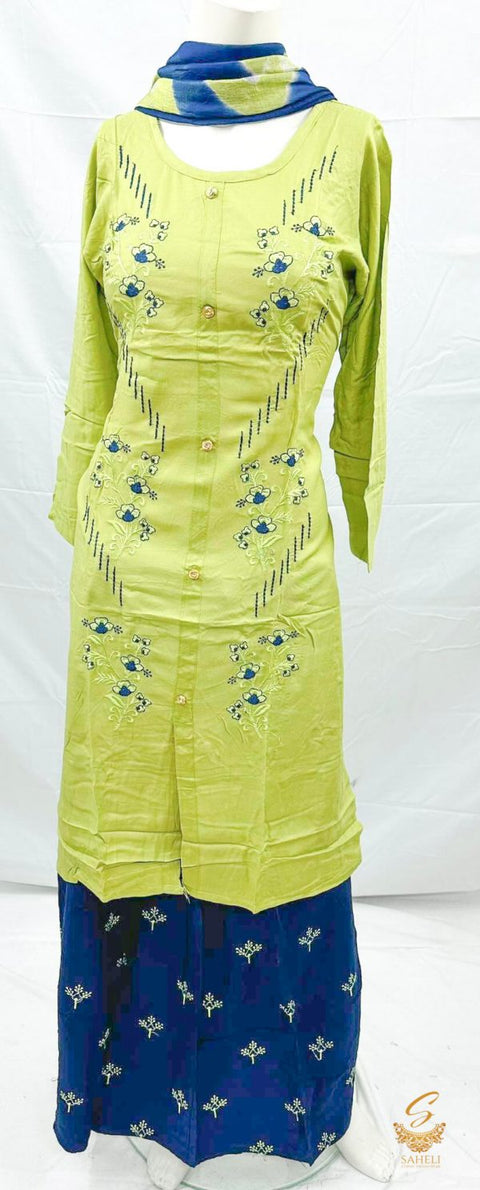 Rayon based embroidered kurti with plazo & Chiffon contrast dupatta