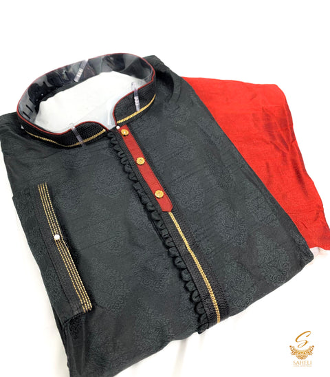 Black colour brocade silk kurta with maroon pajama pents