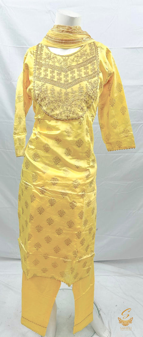 Pastel yellow colour pure cotton silk based embroidery work kurti with plazo pents