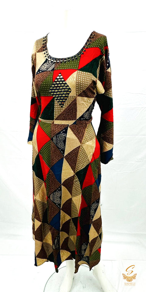 Multicoloured Print rayon based flared kurti with mirror work design on neck