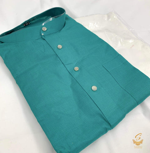 Teal Green Colour Cotton Kurta with White Pajama