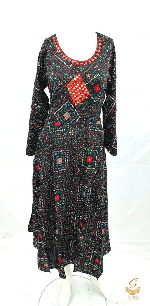 pure rayon based very soft bandhani flared kurti with mirror work design on neck