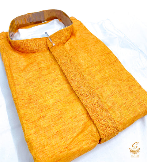 Orange colour linen based kurta with pajama pents