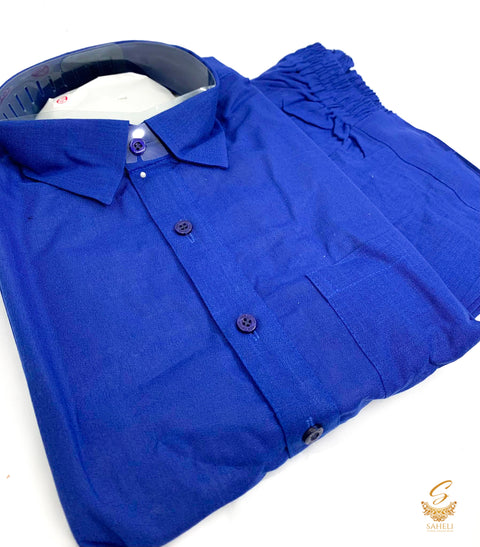 Royal blue colour linen based kurta with pents