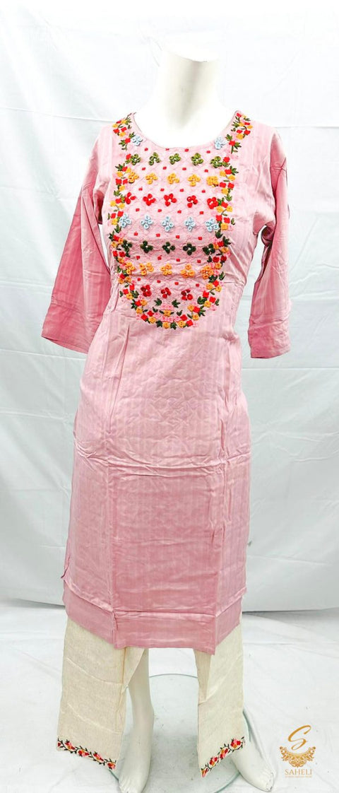 Pure Rayon Based Embroidery Work Kurti With Khadi Cotton Plazo Pents