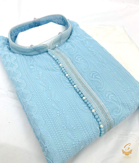 Sky blue Colour Chikankari Work on Georgette Base Design with White Pents