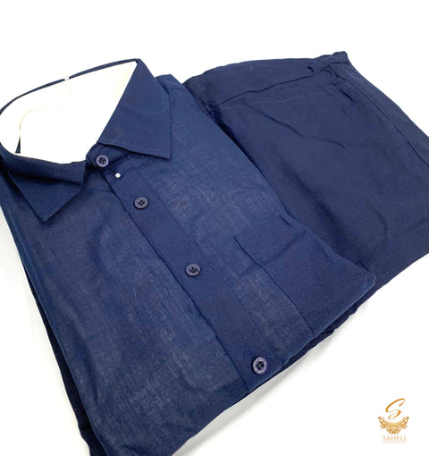 Nevi Blue colour linen based kurta with pents