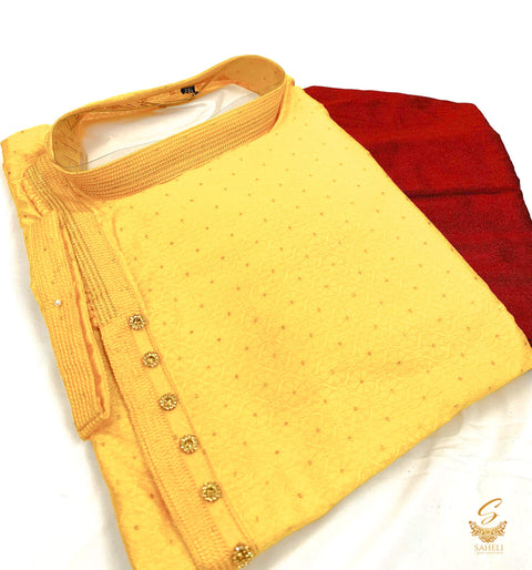Yellow colour cotton silk design designer kurta with pajama pents