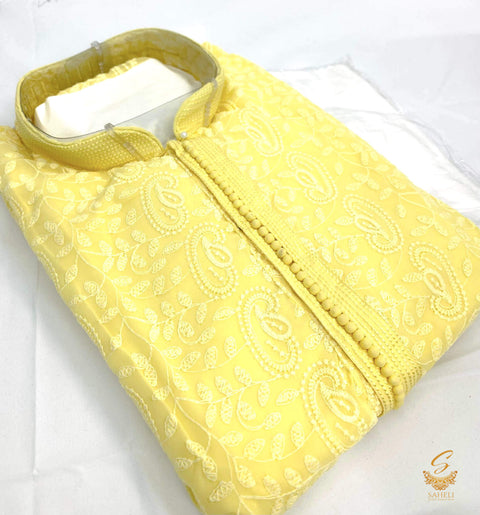 Yellow Colour Chikankari Work on Georgette Base Design with White Pents