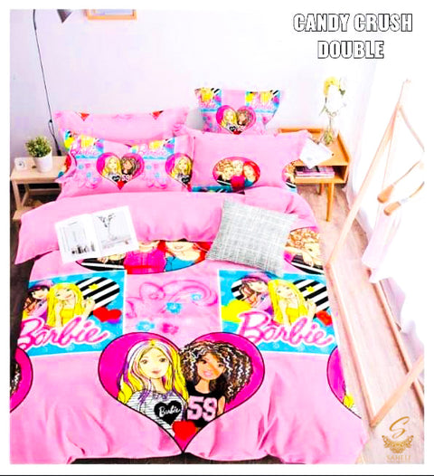 Disney Barbie Dolls Cartoon Printed Glace Cotton Bed Sheet With Pillow Covers (Size Bed Sheet :- 230 * 250 Cms(Appx) 2 PCS Pillow Cases: -46 *69 +5cms (Appx) Washing Instructions :- Hand/Machine Wash , Do Not Bleach , Medium Steam Iron, Do Not Dry Clean,