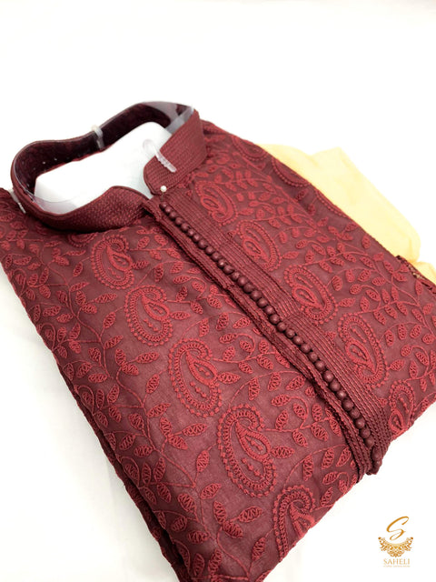 Maroon Colour Chikenkari Work on Georgette Base Design with Golden Pents