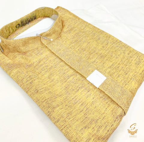 Golden and yellow colour cotton based mens kurta pajama