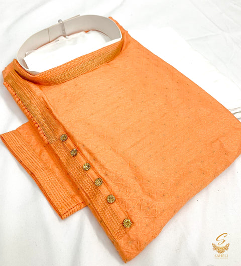 Dark Peach colour silk based side design kurta with white pents