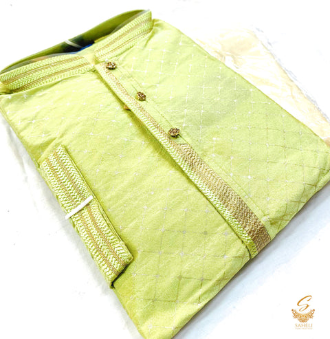 Pastel Lime green colour silk based all over embroidered mens kurta with golden colour pajama pents