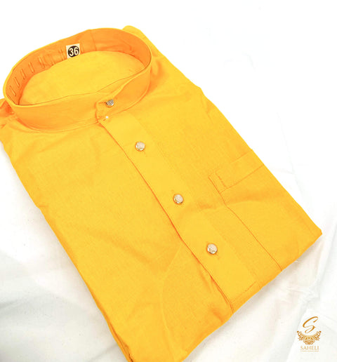 Yellow Colour Cotton Kurta with White Pajama