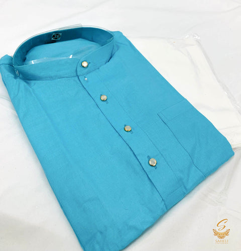 Sky blue Colour Cotton Kurta with White Pajama