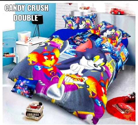 Tom & Jerry Cartoon Printed Glace Cotton Bed Sheet With Pillow Covers (Size Bed Sheet :- 230 * 250 Cms(Appx) 2 PCS Pillow Cases: -46 *69 +5cms (Appx) Washing Instructions :- Hand/Machine Wash , Do Not Bleach , Medium Steam Iron, Do Not Dry Clean, Tumble D