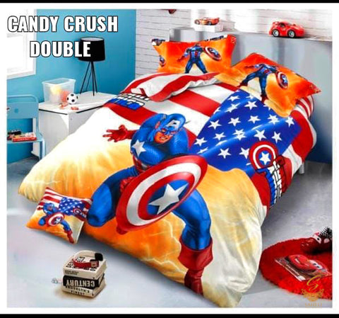 Captain America Cartoon Printed Glace Cotton Bed Sheet With Pillow Covers (Size Bed Sheet :- 230 * 250 Cms(Appx) 2 PCS Pillow Cases: -46 *69 +5cms (Appx) Washing Instructions :- Hand/Machine Wash , Do Not Bleach , Medium Steam Iron, Do Not Dry Clean, Tumb