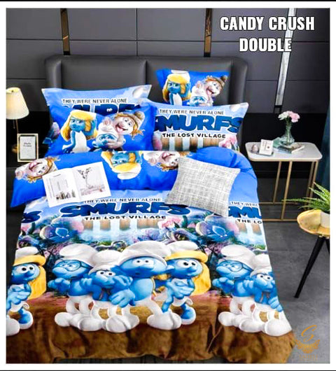 The Smurfs Cartoon Printed Glace Cotton Bed Sheet With Pillow Covers (Size Bed Sheet :- 230 * 250 Cms(Appx) 2 PCS Pillow Cases: -46 *69 +5cms (Appx) Washing Instructions :- Hand/Machine Wash , Do Not Bleach , Medium Steam Iron, Do Not Dry Clean, Tumble Dr