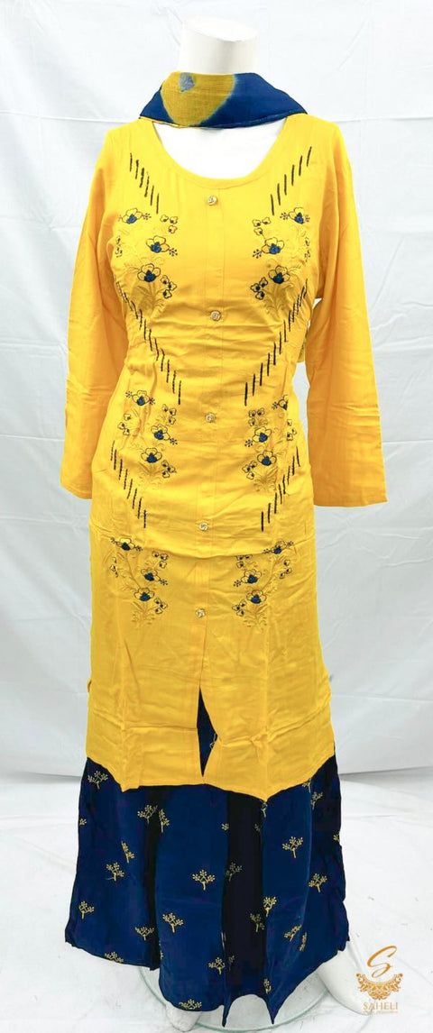 Rayon based embroidered kurti with plazo & Chiffon contrast dupatta