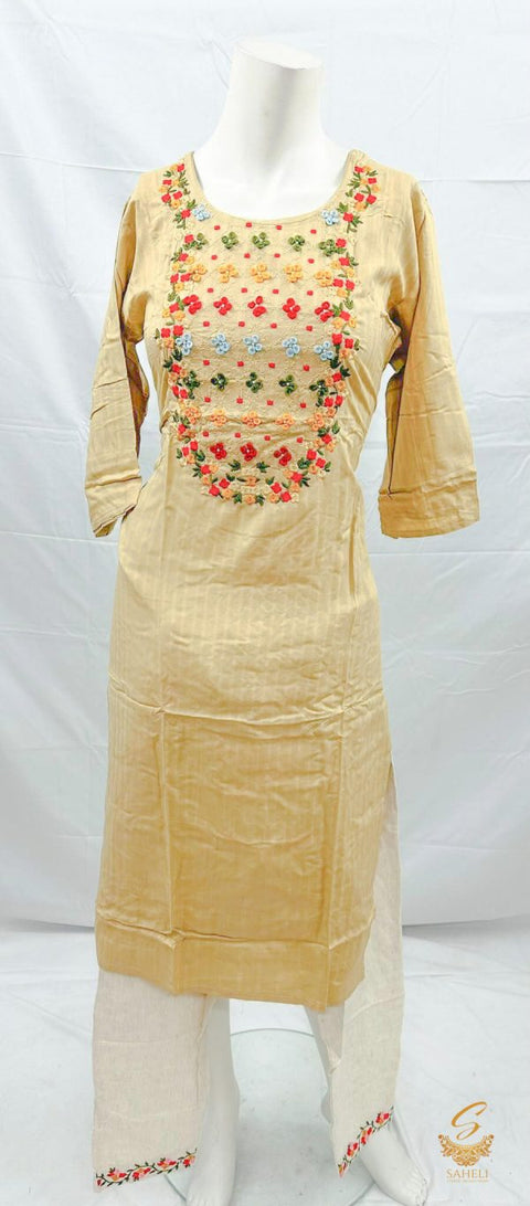 Pure Rayon Based Embroidery Work Kurti With Khadi Cotton Plazo Pents